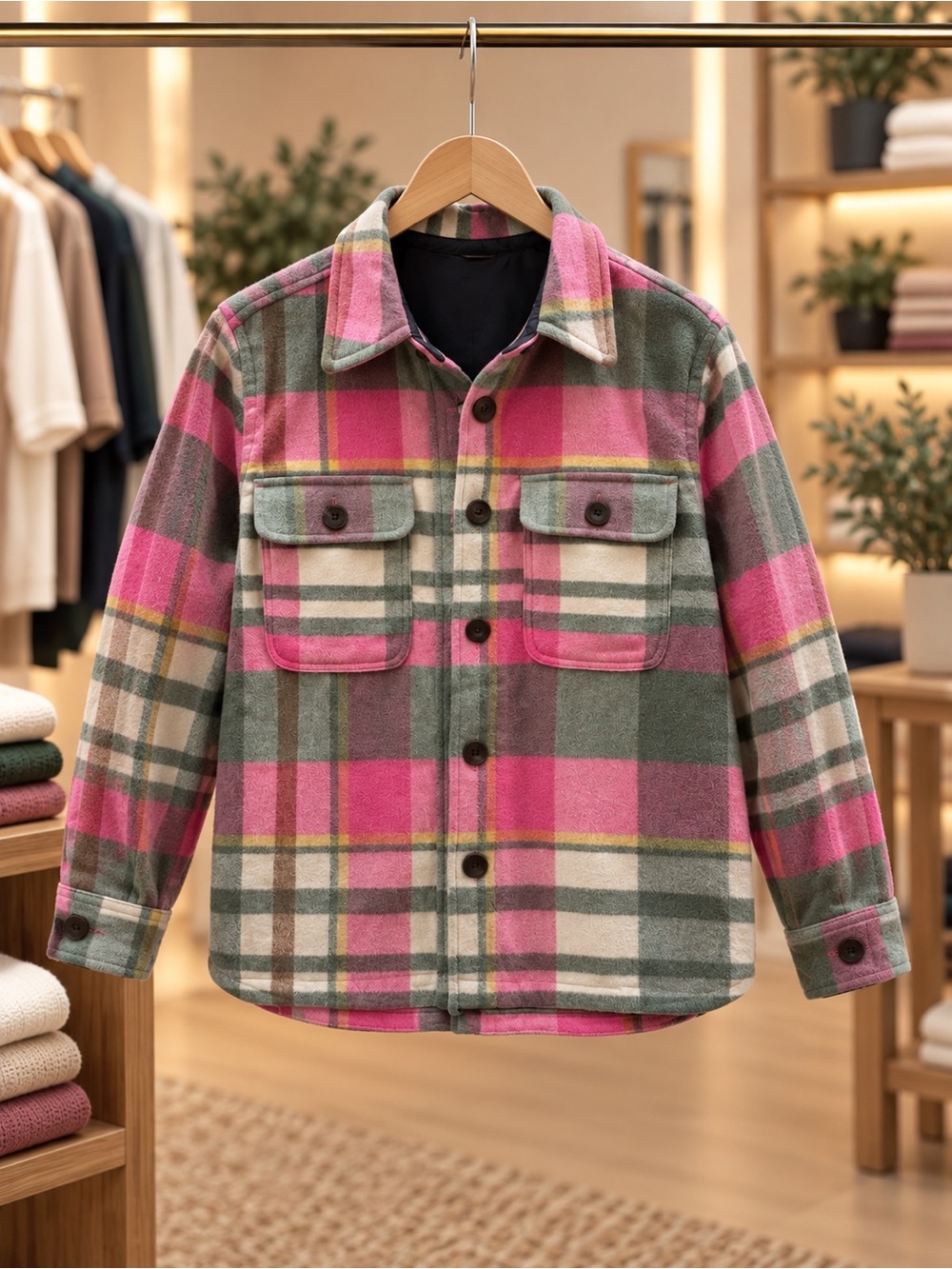 Plaid Button-Front Pea Coat Jacket - Pink & Green